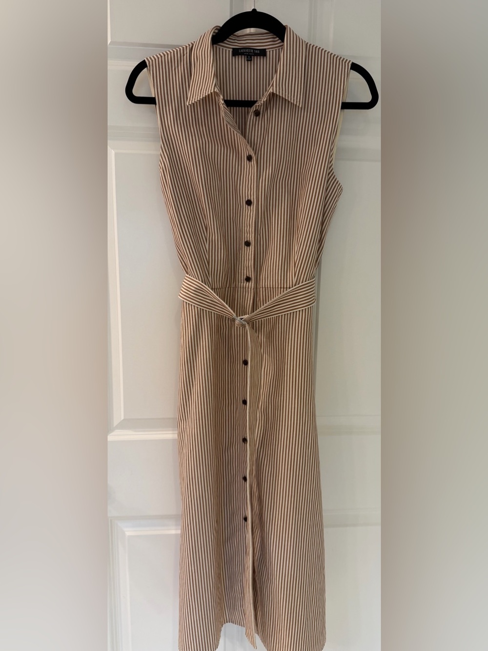 Lafayette 148 Pax Brown Stripe Belted Midi Shirtdress Size 6 NWOT